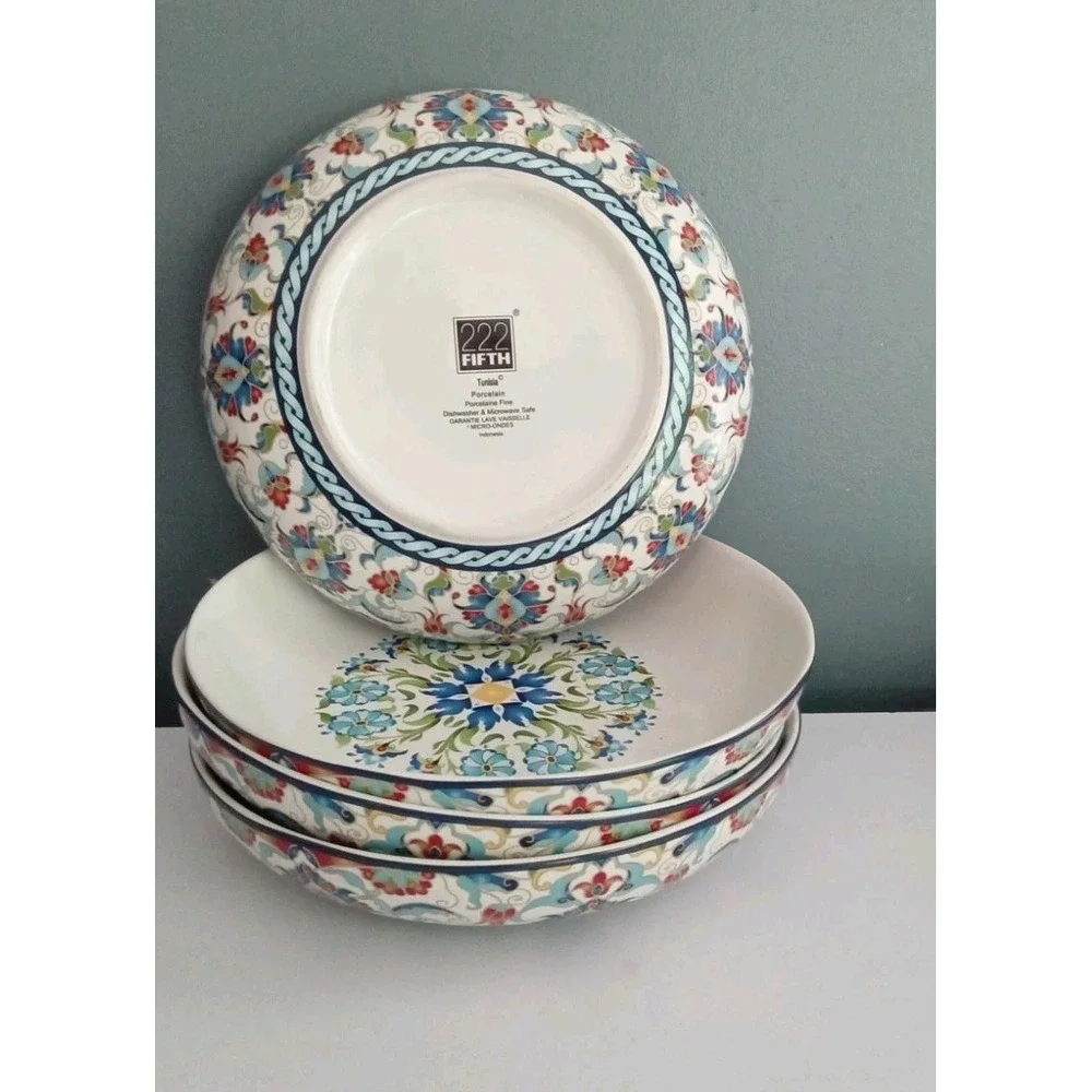 222 Fifth Tunisia Porcelain Floral Blue Shallow Serving Pasta Bowl 9.5